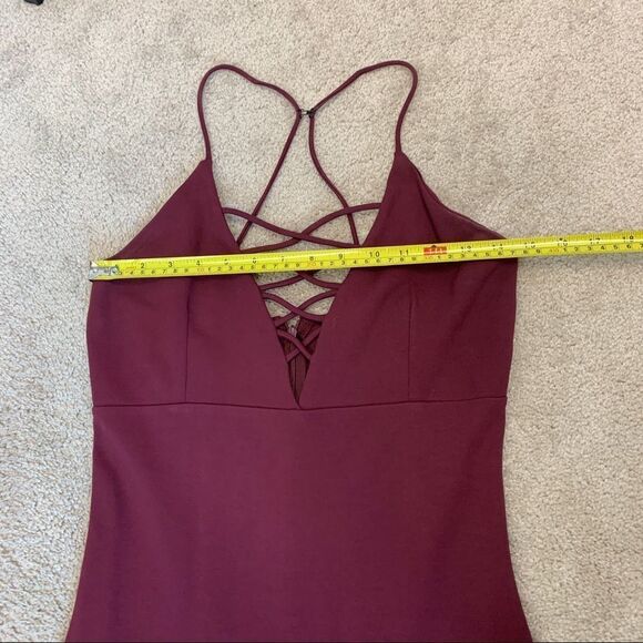 Red plum wine coloured deep V crisscross bodycon stretchy Vegas clubwear dress L - Picture 8 of 10